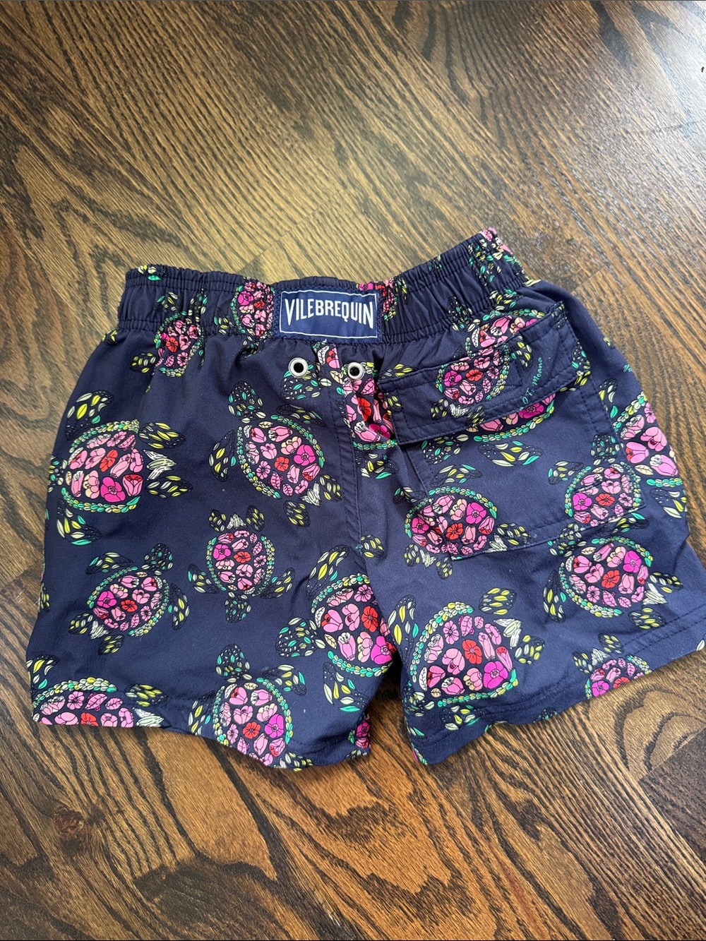 Vilebrequin Navy Kids Swim Shorts with Pink Turtle Print